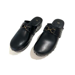 Zara Black Leather Horsebit Studded Platform Wooden Clogs‎ Mules Size 40/9